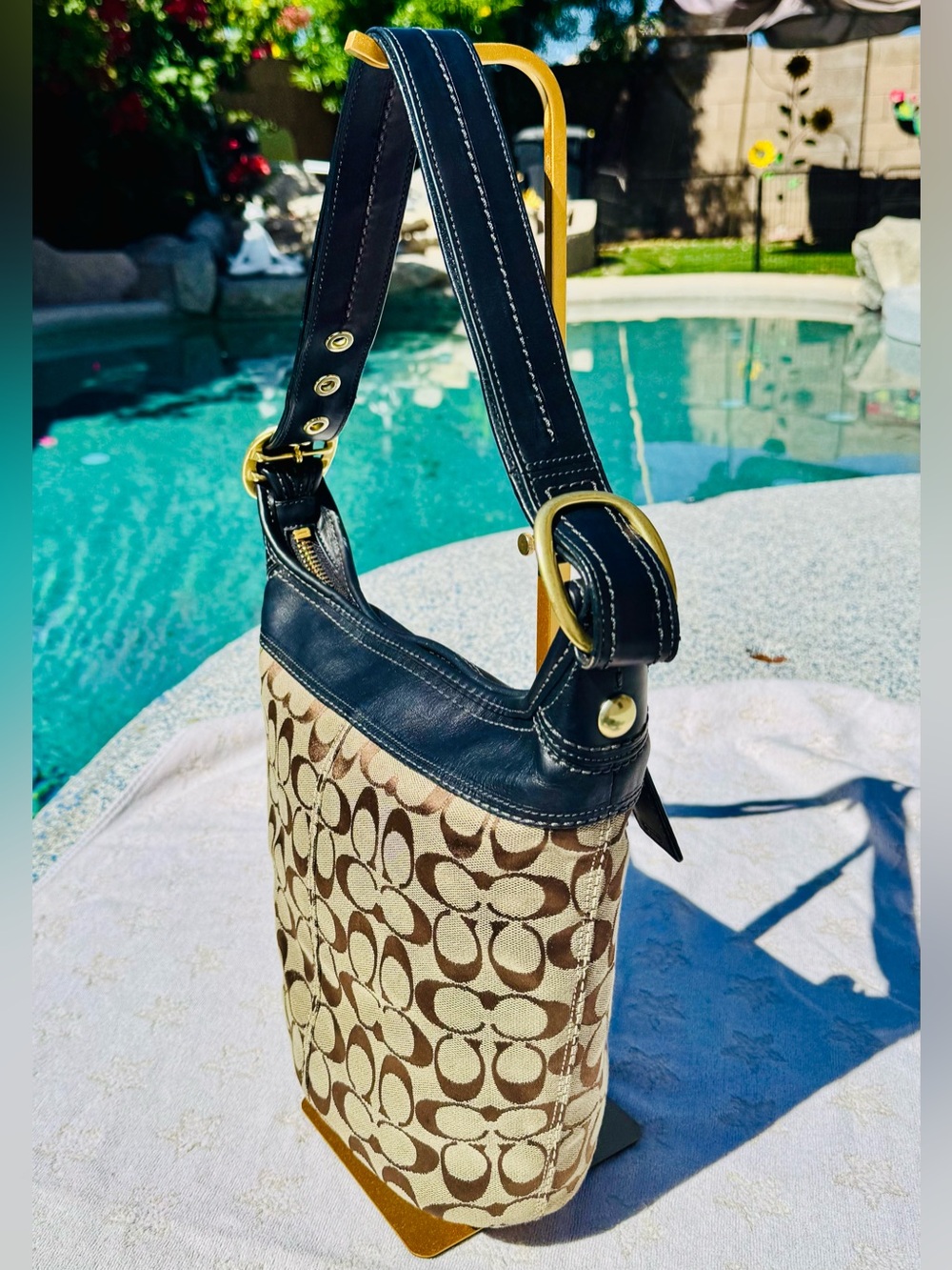 Coach Bleecker Bucket Signature Canvas Bag Black Leather Trim Convertible Y2K - Picture 6 of 16